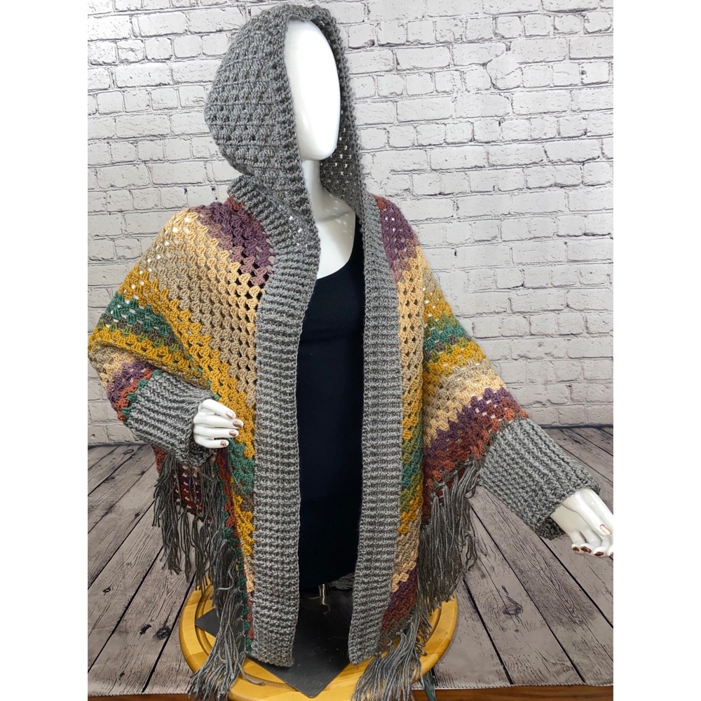 Handmade Crochet Hooded Shawl Wrap Multicolor Striped Fringe Boho Cardigan Gray - Picture 1 of 10